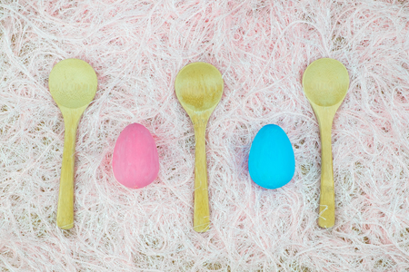 Flat lay of Easter eggs, view from above with copy space for text. concept of stylish.の写真素材