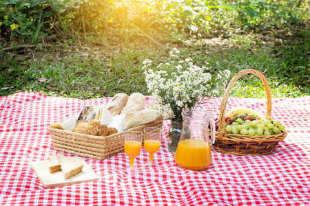 Picnic Lunch Meal Outdoors Park Food Concept, Closeup of picnic basket with drinks, food and flowers on the grassの写真素材