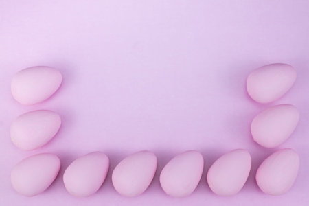 Flat lay of Easter eggs mockup background, view from above with copy space for text.pink concept of...