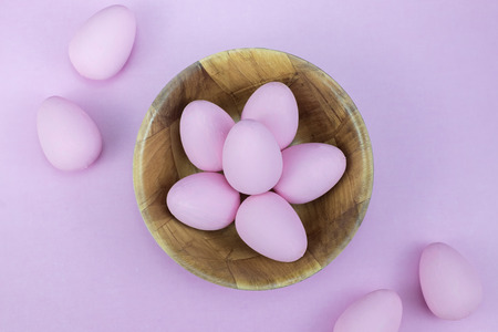 Flat lay of Easter eggs mockup background, view from above with copy space for text.pink concept of stylish.の写真素材