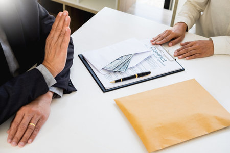 Businessman refusing or rejecting money in the envelope - anti bribery and corruption concepts