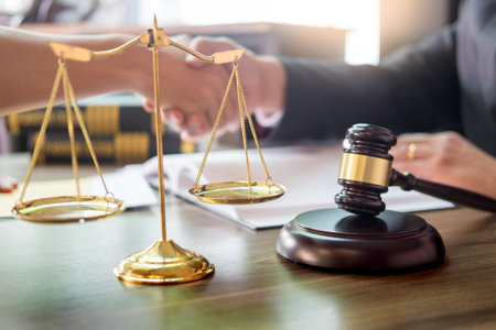 business people and lawyers discussing contract papers sitting at the table. Concepts of law,...