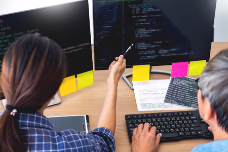 Programmer Outsource Developer Team coding technologies Website design. Mobile Application Software, Cyber space concept.の写真素材