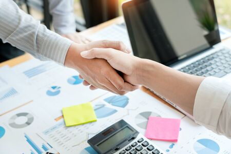 businessman employee candidate shaking hands with company leader HR manager or boss in office after successful negotiation, recruitment  career and placement interview conceptの写真素材