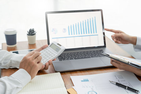 Business People Talking Discussing with coworker planning analyzing financial document data charts...