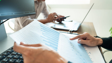 Working business man, team of broker or traders talking about forex on multiple computer screens of...