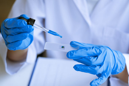 Scientist wear lab coat and protective wear are working with research or doing investigations with...