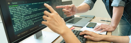 Collaborative work Software engineers website developer technologies or programmer working coding on...