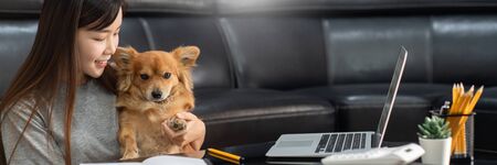 beautiful young asian woman working remotely from home and smiling while lying, has good relationships with with a funny assistant dog pet, home work pets conceptの写真素材