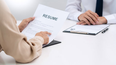 Interview the job and hiring, businessman candidate at job interview explaining about his profile to...