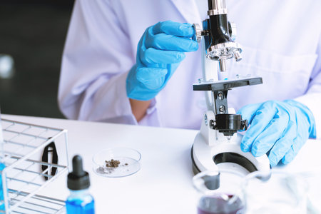 Medical Research asian Scientist Working With Microscope Doing Research Making Scientific...