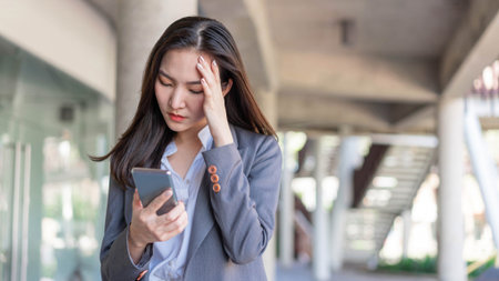 Working woman concept a young businesswoman fatigued after doing a load of work and spending too much time on electronic devices.の写真素材