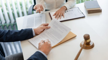 law concept The legal officer listening to the law report of booster and adjusting the agreement...