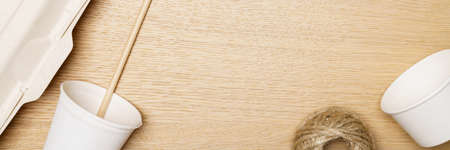 Eco friendly concept, Paper boxes and paper cup made from natural plant fiber with jute rope.の写真素材