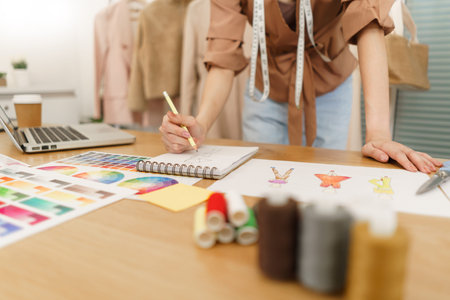 Fashion design concept, Asian female fashion designer sketching new clothes collection in atelier.