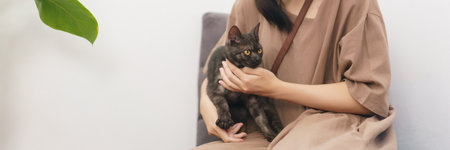 Pet lover concept, Young Asian woman sitting sofa on floor and hugging cat in living room at home.の写真素材
