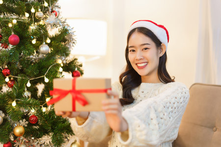Christmas celebration concept, Young asian woman in santa hat smiling and holding christmas gift.の写真素材