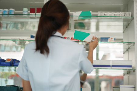 Medicine and health concept, Female pharmacist hold medicine box to checklist in paper at drugstore.