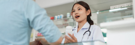 Medicine and health concept, Female pharmacist hold pill bottle and explain medicinal properties.の写真素材