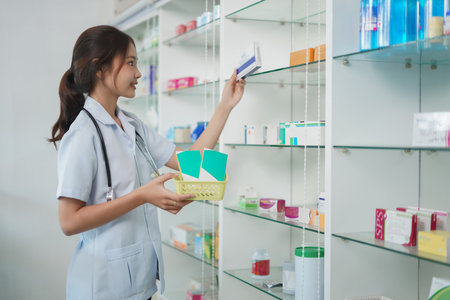 Medicine and health concept, Female pharmacist is taking medicine boxes from shelves into basket.の写真素材