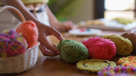 Needlework concept, Women choosing yarn to embroidery with punch needle on canvas in wood hoop.の写真素材