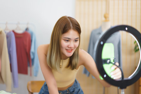 Online merchant concept, Fashion designer checks smartphone to prepare live streaming sell clothes.の写真素材