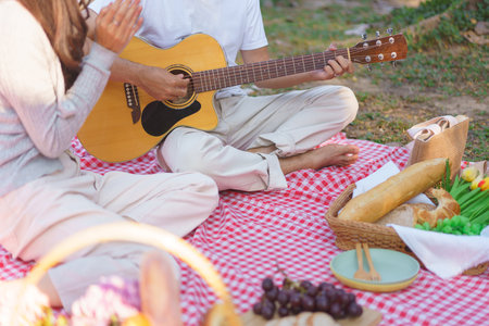 Young woman smiling with happiness while listening boyfriend playing acoustic guitar in picnic time.の写真素材