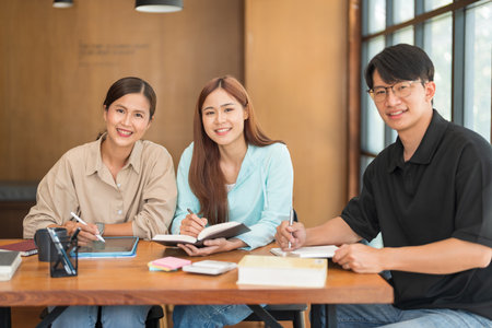 Education concept, Female tutor and students smiling and looking on camera while study tutorial.の写真素材