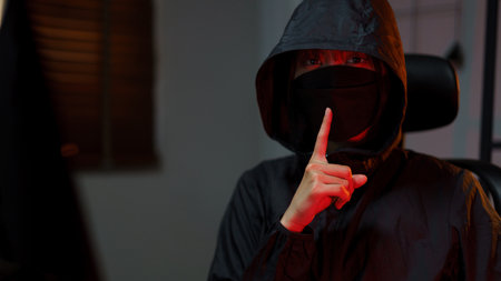 Hacker in hoodie hacking programming system or data of server on computer and making silent gesture.の写真素材