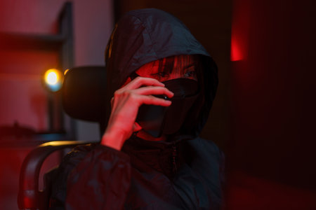 Hacker in hoodie talking on smartphone and typing code to hacking programming system or server.の写真素材