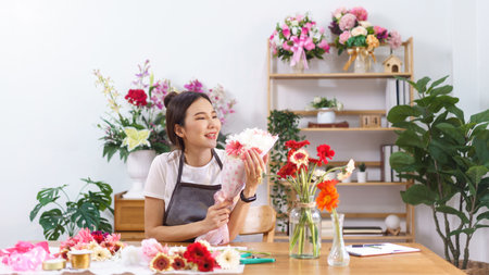 Flower shop concept, Female florist smile and holds colorful flower bouquet with paper and ribbon.の写真素材