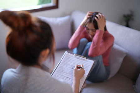 Asian patient women stressed and headache with anxiety while female psychologist examining about psychological health problem and writing notes on paper to counseling about mental health therapy.の写真素材