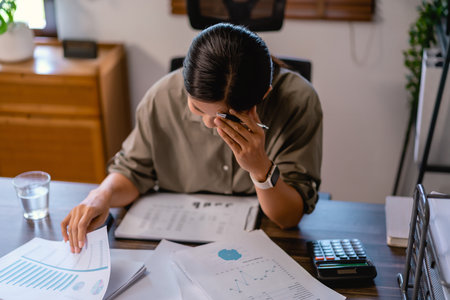 Casual business women stressed and headache while reading and checking financial paper in office.の写真素材