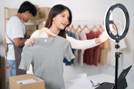 A young woman livestreams showcasing a shirt to her online audience using a smartphone and ring light, with packaging materials and clothing racks in the background.の写真素材