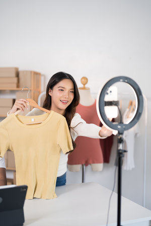 A woman presents a shirt on a mannequin during a livestream while a man works on a laptop in a busy ecommerce workspace.の写真素材