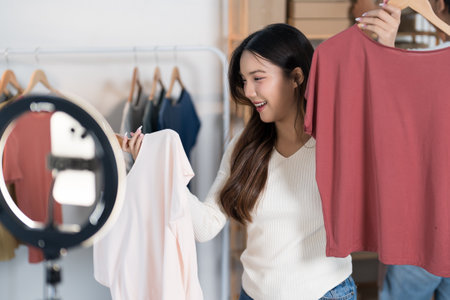 A young woman livestreams showcasing a shirt to her online audience using a smartphone and ring light, with packaging materials and clothing racks in the background.の写真素材