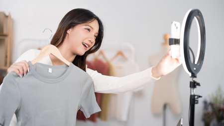 A young woman livestreams showcasing a shirt to her online audience using a smartphone and ring light, with packaging materials and clothing racks in the background.の写真素材