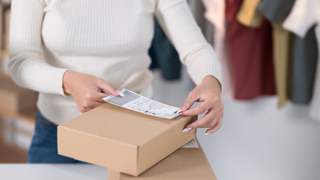 A woman prepares a package for shipping, while another person scans a label in a workspace filled with boxes and clothing racks.の写真素材