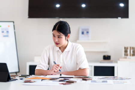 Focused interior designer planning color concepts and working with material samples at design deskの写真素材