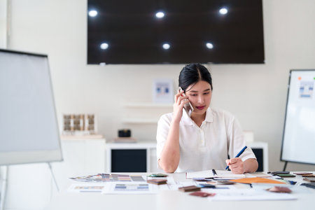 Interior designer making business call while working on color and material selection at design studio deskの写真素材