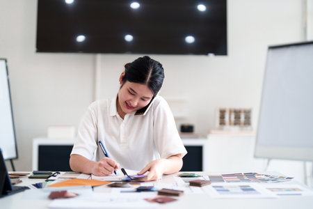 Interior designer making business call while working on color and material selection at design studio deskの写真素材