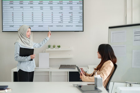 Adult Asian Muslim business women in hijab presenting financial data charts in office. Discussing strategy analyzing growth for business success. Professional finance collaboration.の写真素材