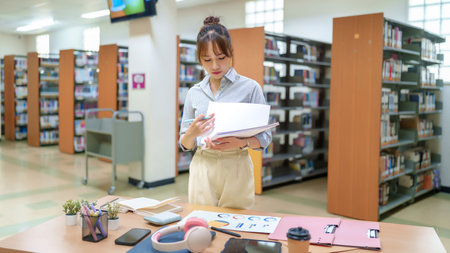 Image features a young Asian woman studying in a library, surrounded by books and academic resources, she reviews documents, working towards educational success. Focus on learning, college life, student, information access.の写真素材
