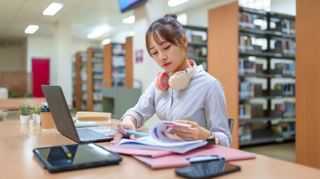 Young Asian woman intently studying in a library with laptop books and headphones. Focuses on education university college and academic success for students seeking knowledge resources.の写真素材