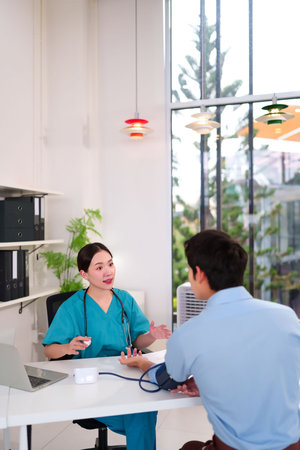 Asian female doctor in green scrubs takes blood pressure of Asian male patient with a sphygmomanometer at clinic office for consultation on healthcare and medical treatment.の写真素材