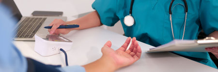 Adult Asian doctor measures patient's blood pressure during a healthcare checkup in a clinic examination using a stethoscope and clipboard. The doctor uses pen and medical equipment for wellnessの写真素材