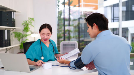 Asian women doctor measures blood pressure of Asian men patient with healthcare examination. Checkup in clinic room for wellness and healthy life with medical care serviceの写真素材