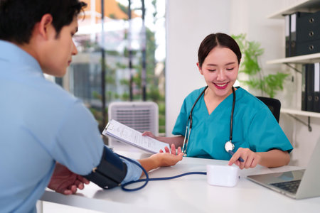 A smiling Asian adult woman doctor in green scrubs checks an adult patient's blood pressure in a clinic office using modern equipment during a medical consultation.の写真素材