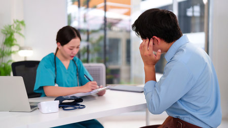 An adult Asian man consulting at a doctor's office with a young Asian female physician while he looks worried about his health and medical treatment at the clinicの写真素材