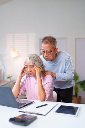 An Asian older woman is stressed and has a headache while working on a laptop at home. Her supportive husband comforts her during financial concerns together.の写真素材